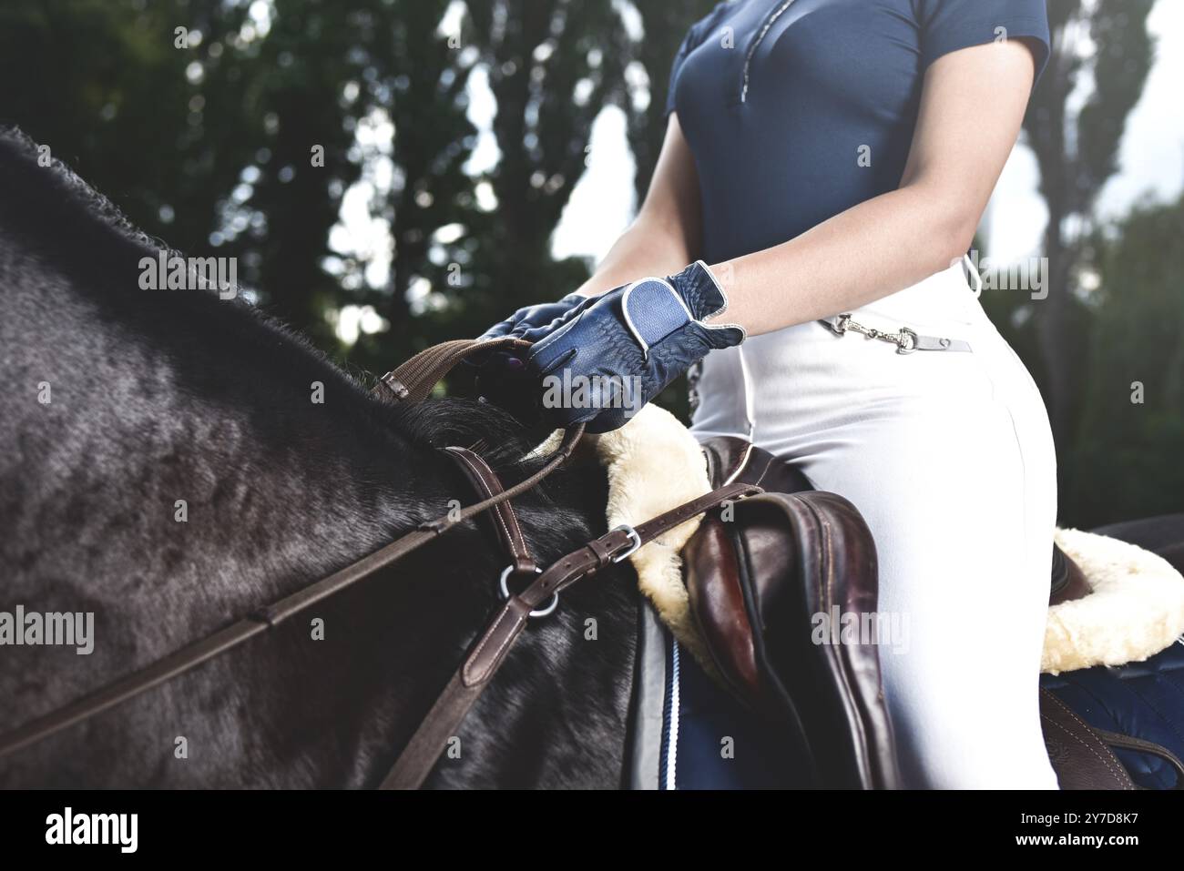 Junge Mädchen Jockey trainiert Pferd zu Pferd Rennen im Sommer. Reitsport Stockfoto