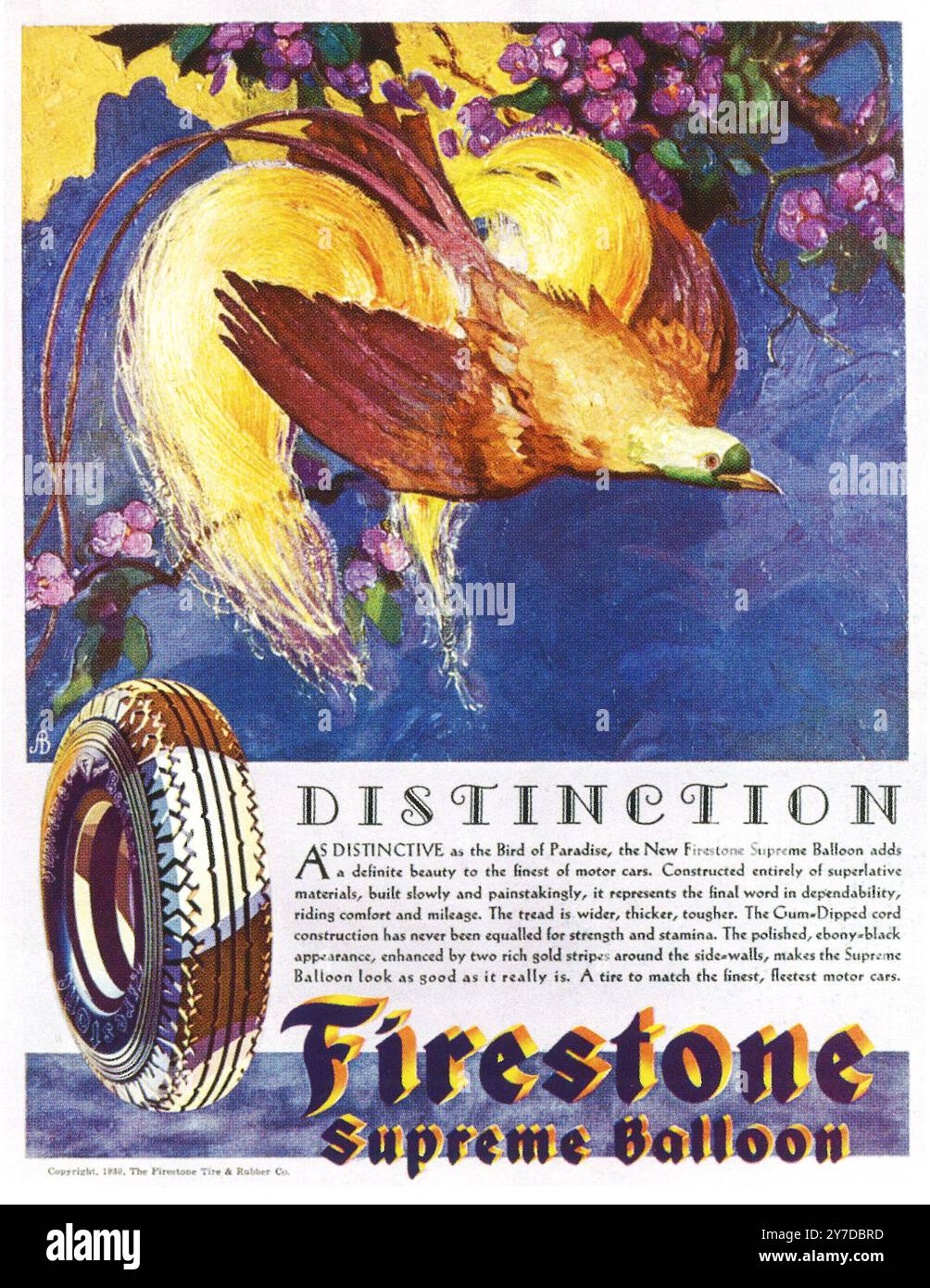1930 Firestone Supreme Balloon Tire Ad - Bird of Paradise Stockfoto