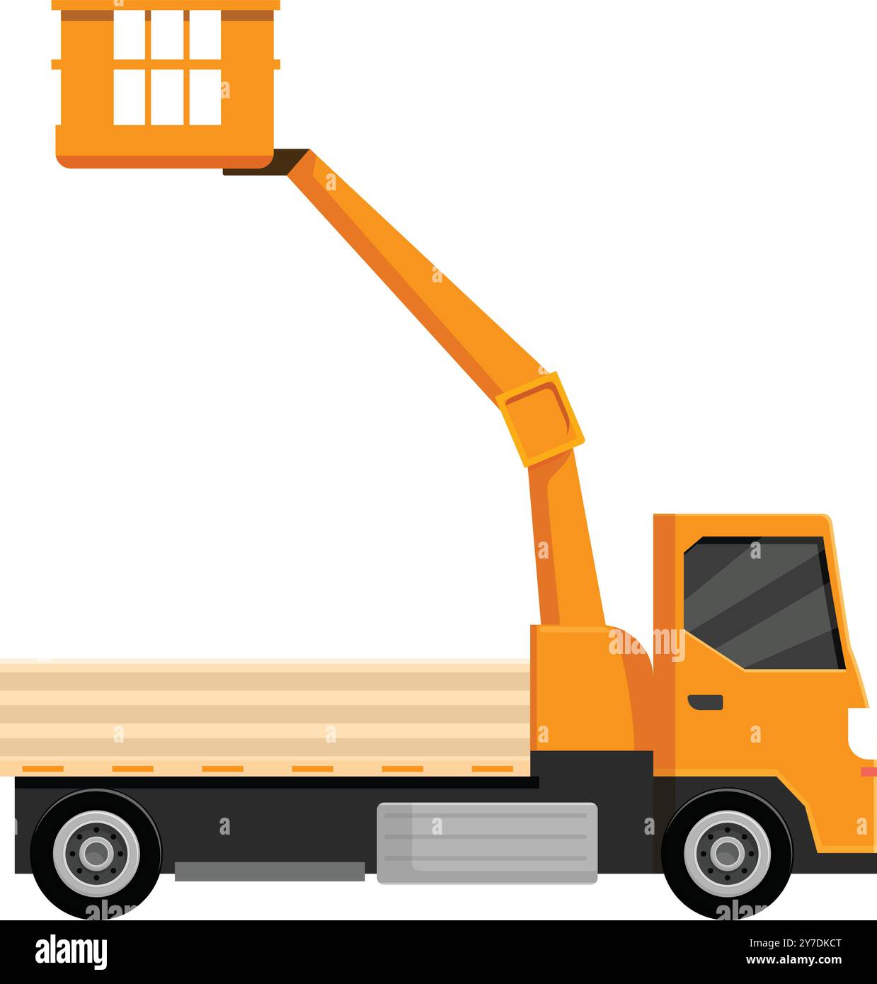 Der orangefarbene, erhöhte Kirschpflücker hebt seinen Arm mit einer Plattform für Arbeiter nach oben Stock Vektor