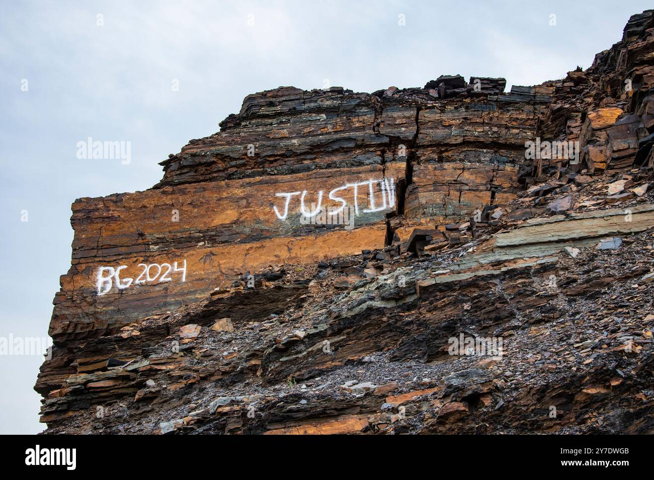 Graffiti auf den Klippen von Grebe’s Nest in Wabana, Bell Island, Neufundland & Labrador, Kanada Stockfoto