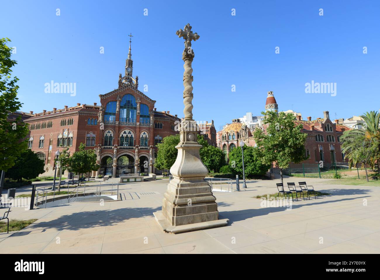 Das Verwaltungsgebäude vom Operationshaus im Sant Pau, ehemaliges Krankenhaus, Jugendstilkomplex in Barcelona, Spanien. Stockfoto