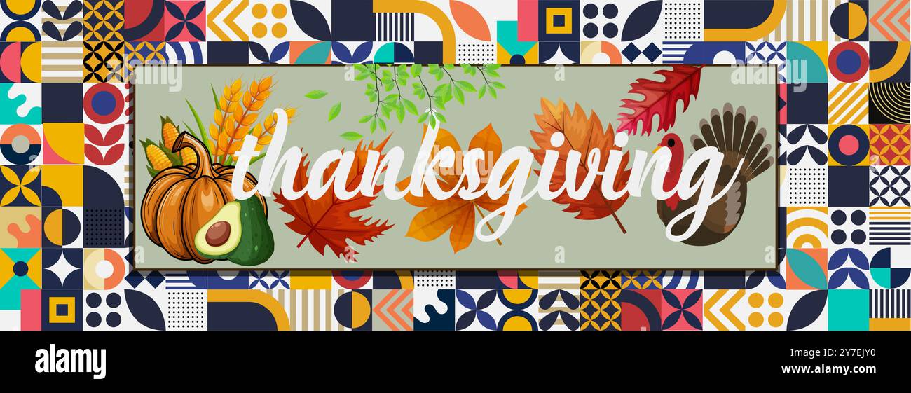 Thanksgiving Celebration Banner mit Herbstelementen und Truthahn. Buntes Thanksgiving-Banner mit Herbstblättern, Kürbissen, truthahn und geometrischem Muster Stock Vektor