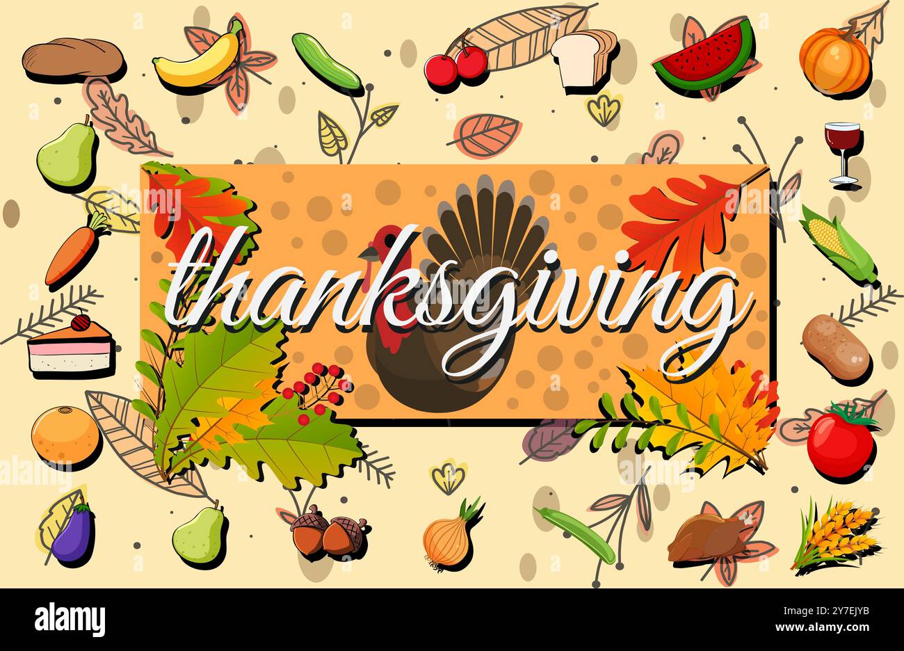 Lebendige Illustration zum Thanksgiving-Tag mit einem truthahn und festlichem saisonalem Erntebanner. Perfekt für Herbsttraditionen und Feiertage. Stock Vektor