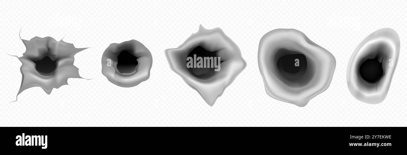 Geschussloch im Ziel. Metallschussvektor isoliert. Militärische Rissmarkierung Illustration auf weißem Hintergrund. Bullit Shoot Break Element Rahmen. Gewalt und Zerstörung Textur auf dem Wandset Stock Vektor