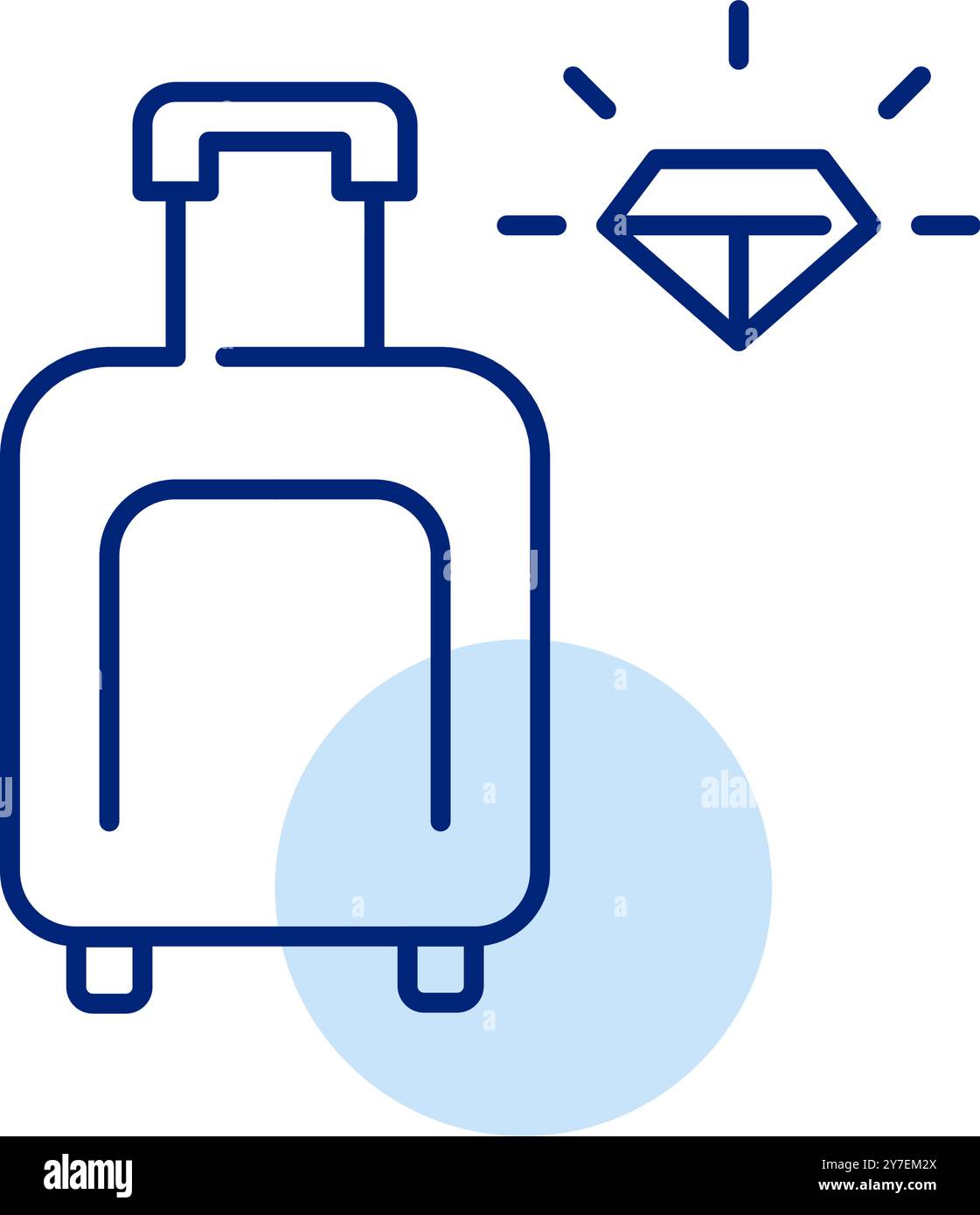 Wheeler Koffer und glänzender Diamant. Hochwertige Reisevorräte und erstklassiger Flugservice. Pixelperfektes, bearbeitbares Konturvektorsymbol Stock Vektor