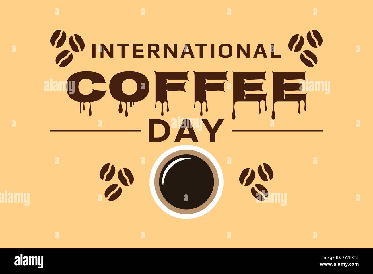 Internationaler Kaffeetag Typografie Schriftzug Textbanner Poster Vektor mit Kaffeebohnen und Tasse für Feiertag. Stock Vektor