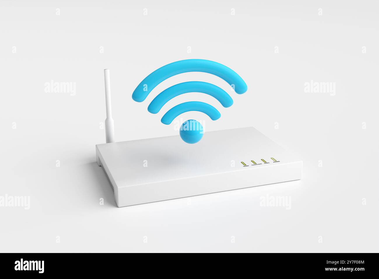 Internet-Konnektivitätskonzept. Weißes WLAN-Router-Modem für eine starke Internetverbindung mit blauem Symbol. 3D-Rendering. Stockfoto