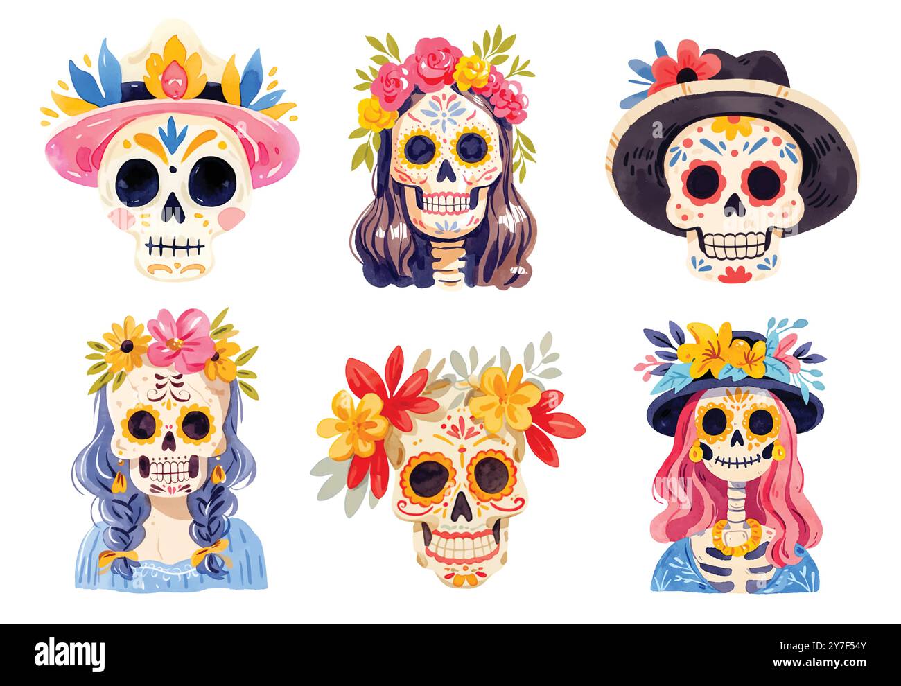 Der Tag der Toten ist ein Feiertag, der traditionell am 1. Und 2. November gefeiert wird. Zwei Skelette tanzen und spielen Gitarre, Confeti mit Violett Stock Vektor