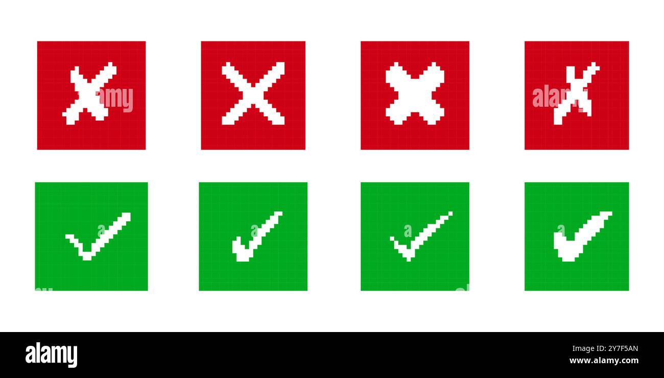 Pixel-grüne Häkchen und rote X-Symbole werden in Quadraten gesetzt ...