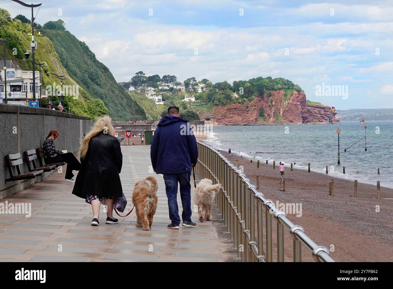 Kühle Brise Juni Sommer Tag ein paar Leute am Strand & zwei Hundeschlittenwanderer spazieren entlang der Promenade, die von der Meeresbrise umgeben ist Teignmouth England Devon UK Stockfoto