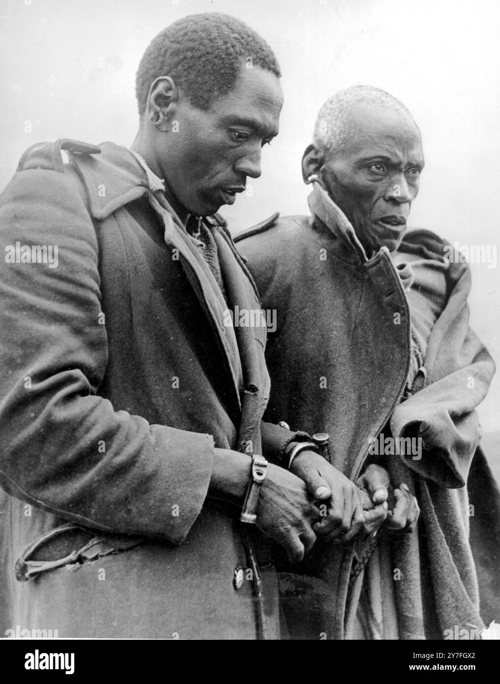 Zwei Mau-Mau-Mitglieder wurden getötet, vier verwundet und 18 gefangen genommen in einer weiteren Phase der Operation Longstop, die von den King's African Rifles durchgeführt wurde. Die Operation zur Rodung des Waldes von aberdere im Bezirk Nyeri begann letzten Freitag. Während der Operation wurden die Vorspurpatrouillen mit Nahrungsmitteln und anderen Vorräten durch Flugzeuge versorgt, viele Festnahmen vorgenommen. FOTOSHOWS : zwei Verdächtige (Handschellen) warten darauf, verhört zu werden. Stockfoto