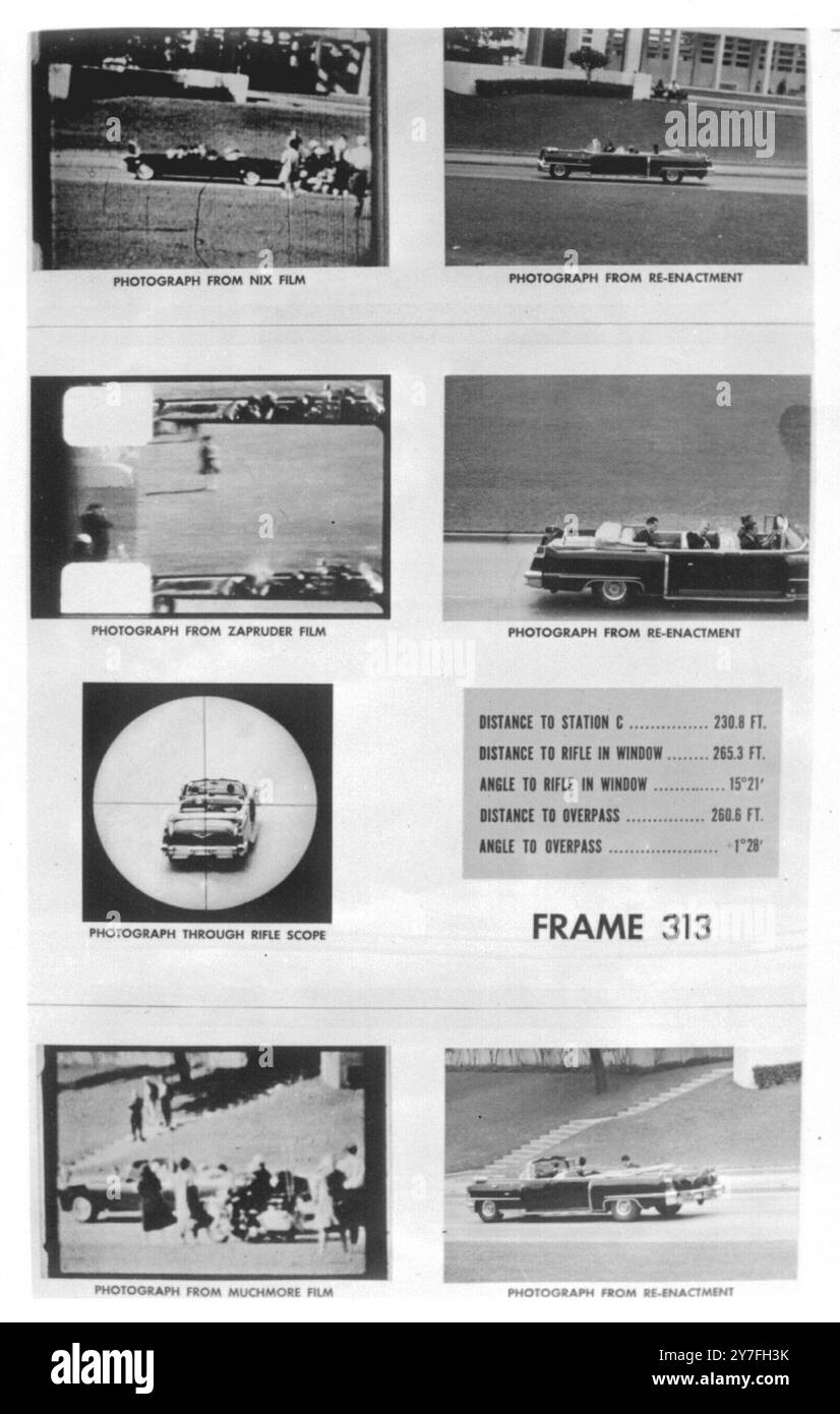 DER WARREN-KOMMISSON. Washington D. C : Fotos der Warren-Kommission, die die Ermordung von Präsident John F. untersuchen Kennedy zeigt die Nachstellung der Schießerei am 22. November 1968 in Dallas. Die von Augenzeugen aufgenommenen Bilder stehen im Kontrast zu dem Schauplatz, der von den Ermittlern für die kommission erneut ausgeräumt wird. Die Route des Präsidentenwagens wurde detailliert aufgezeichnet, damit die kommission entscheiden kann, woher die Schüsse gekommen sind. 22. November 1963 Stockfoto