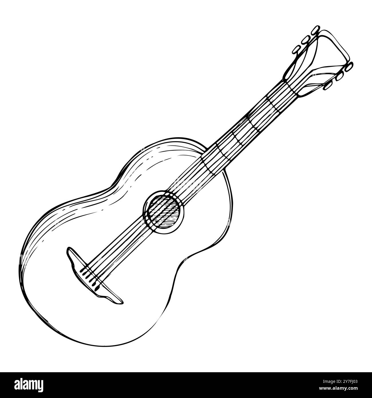 Klassische mexikanische spanische Akustikgitarre, Streichinstrumente, Flamenco-Folk-Indie. Handgezeichnete Vektorgrafik. Einfach isoliert Stock Vektor