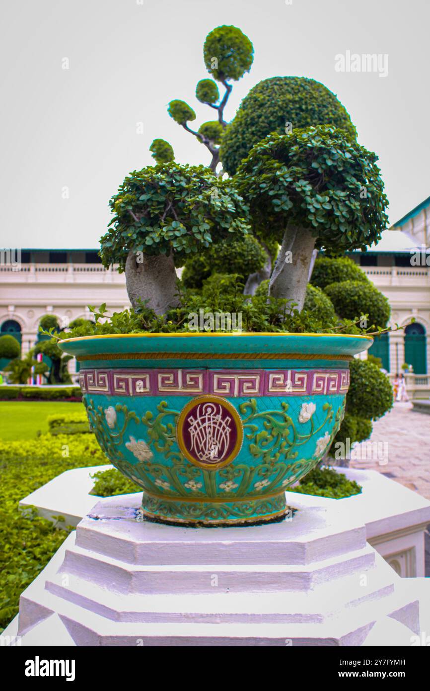 Bangkok. Der große Palast oder Königspalast (Wat Phra Kaew). Ein großer Topf im Garten mit Bonsai. Stockfoto