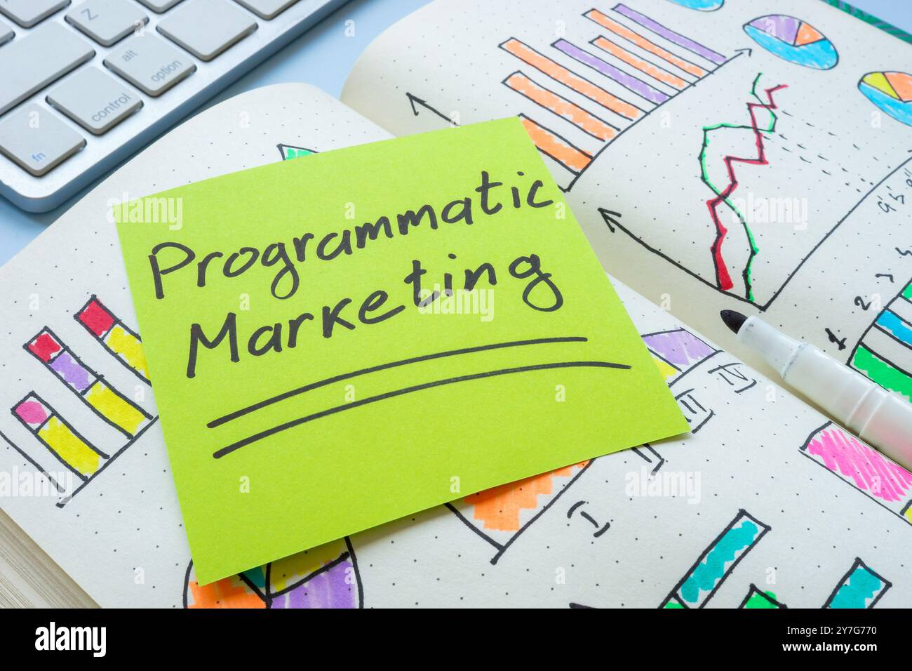 Seiten mit Notizen zum programmatischen Marketing. Automatisierte Werbestrategien. Stockfoto