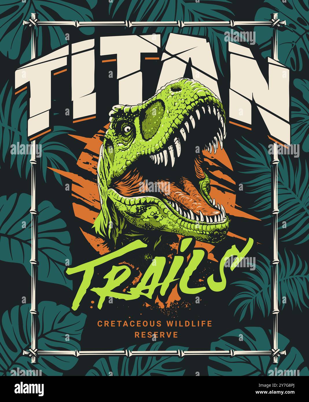 Typografisches Posterdesign mit tosendem Dinosaurier. Kontrastreiche, auffällige Designvorlage für einen Dino-Park, ein Museum oder ein paläontologisches Reservat. Perfekt für Drucke, Werbung und soziale Medien. Stock Vektor