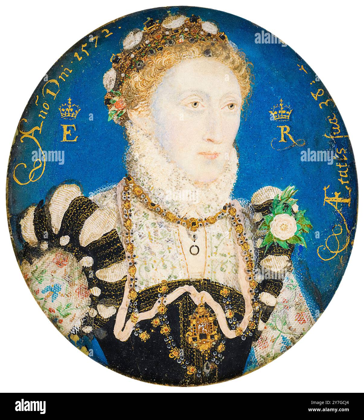 Königin Elisabeth I. (1533–1603), Porträt-Miniatur-Aquarellmalerei von Nicholas Hilliard, 1572 Stockfoto