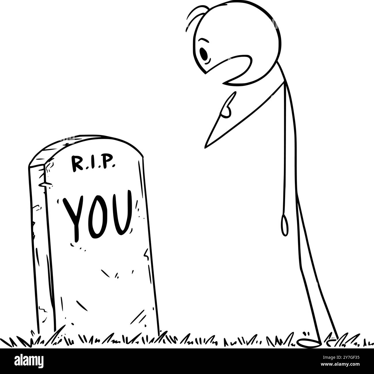 Ein schockierter Mensch fand sein eigenes Grab, eine Vektor-Cartoon-Stabfigur oder eine Figur-Illustration. Stock Vektor