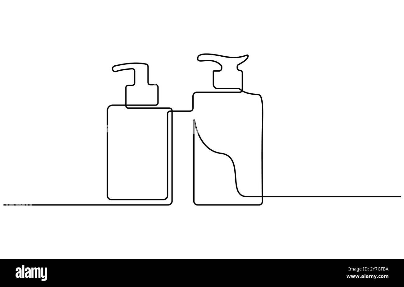 Shampoo Flasche kontinuierliche eine Linie Zeichnung Vektor Illustration, kontinuierliche eine Linie Zeichnung der kosmetischen Flasche mit Pumpe. Eine Linienzeichnung Stock Vektor