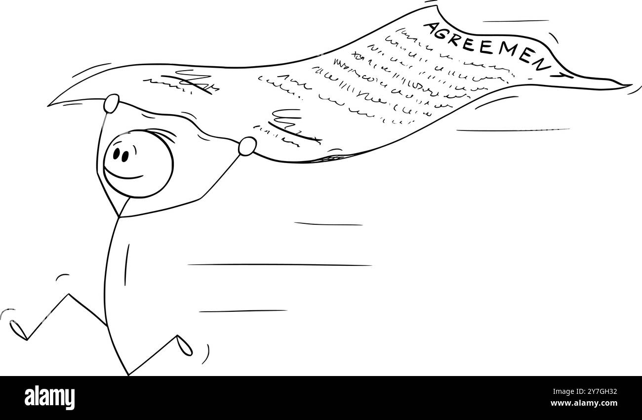 Person läuft und hält Vereinbarung oder Vertrag, Vektor-Cartoon-Stabfigur oder Charakterillustration. Stock Vektor
