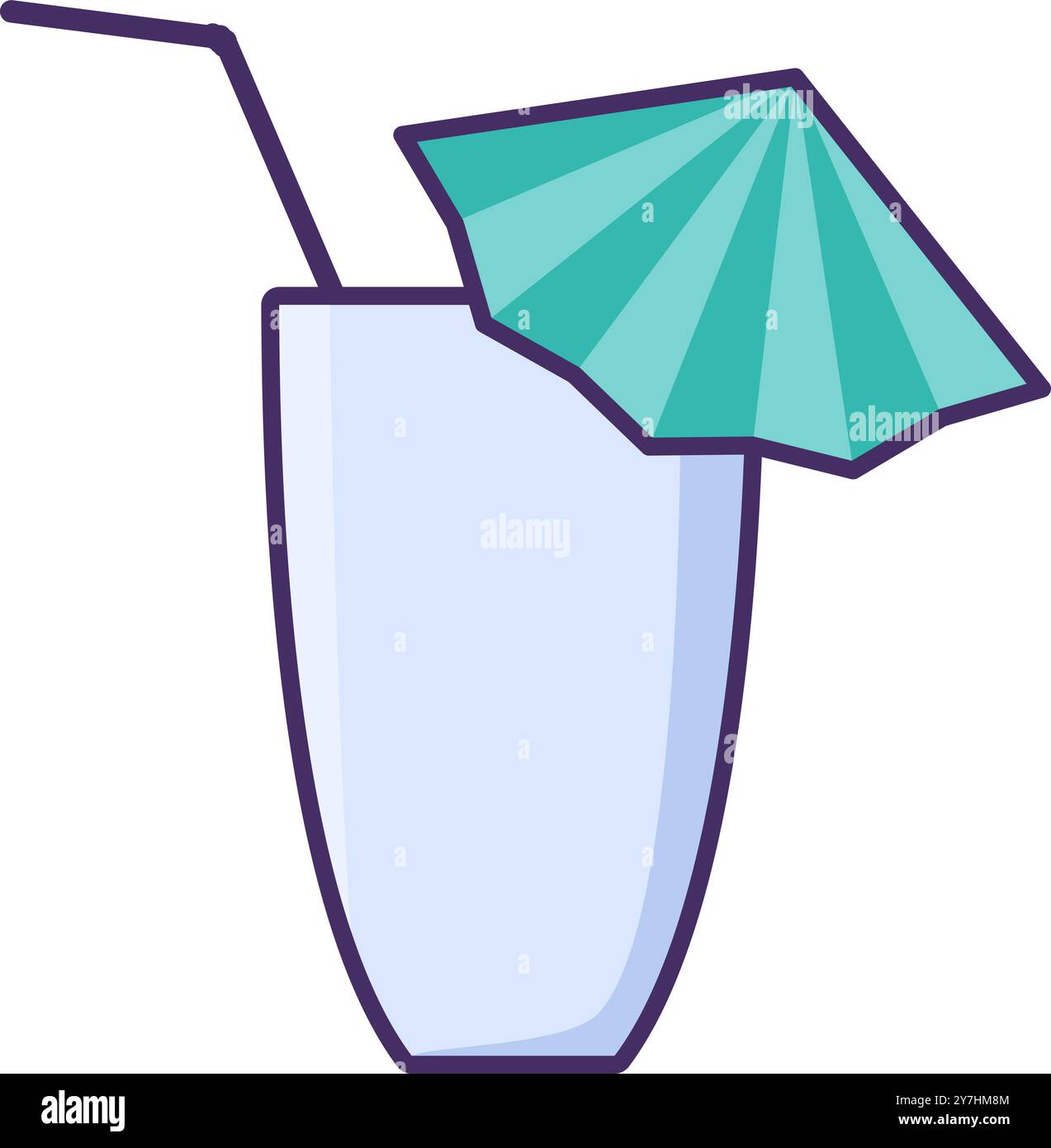 Vektor-Milchshake oder Cocktailglas mit Tube und Cocktailschirm für Milchshakes, Saft, Cocktails in einem hellen Stil. Tischgeschirr für Picknicks Stock Vektor