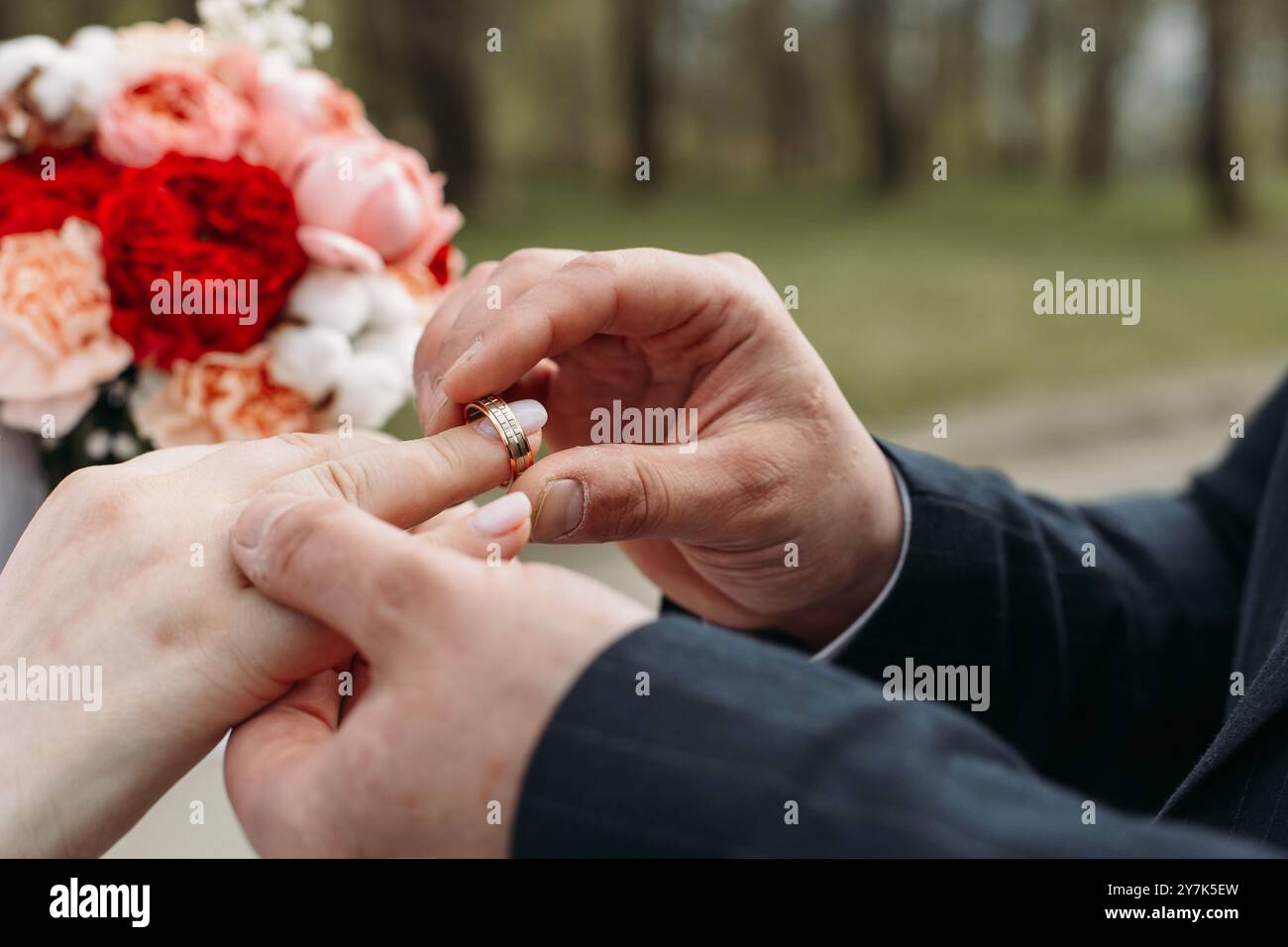 Unter einem Baldachin aus üppigen Bäumen teilt ein Paar einen intimen Moment, während einer dem anderen liebevoll einen Ehering auf den Finger legt, der die Verlobung symbolisiert Stockfoto