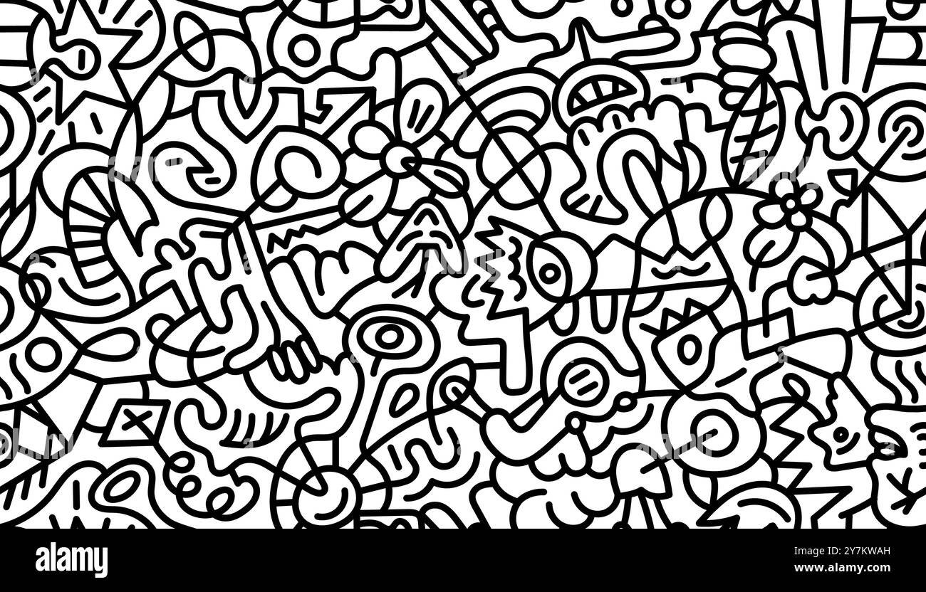 Abstraktes, lineares Doodle-nahtloses Muster. Schwarzer, auffälliger Marker, der den chaotischen endlosen Druck auf weißem Hintergrund umgibt. Modernes, trendiges Design mit Scribble-Formen. Zeitgenössische Schwarzweiß-Grafik-Tapete Stock Vektor