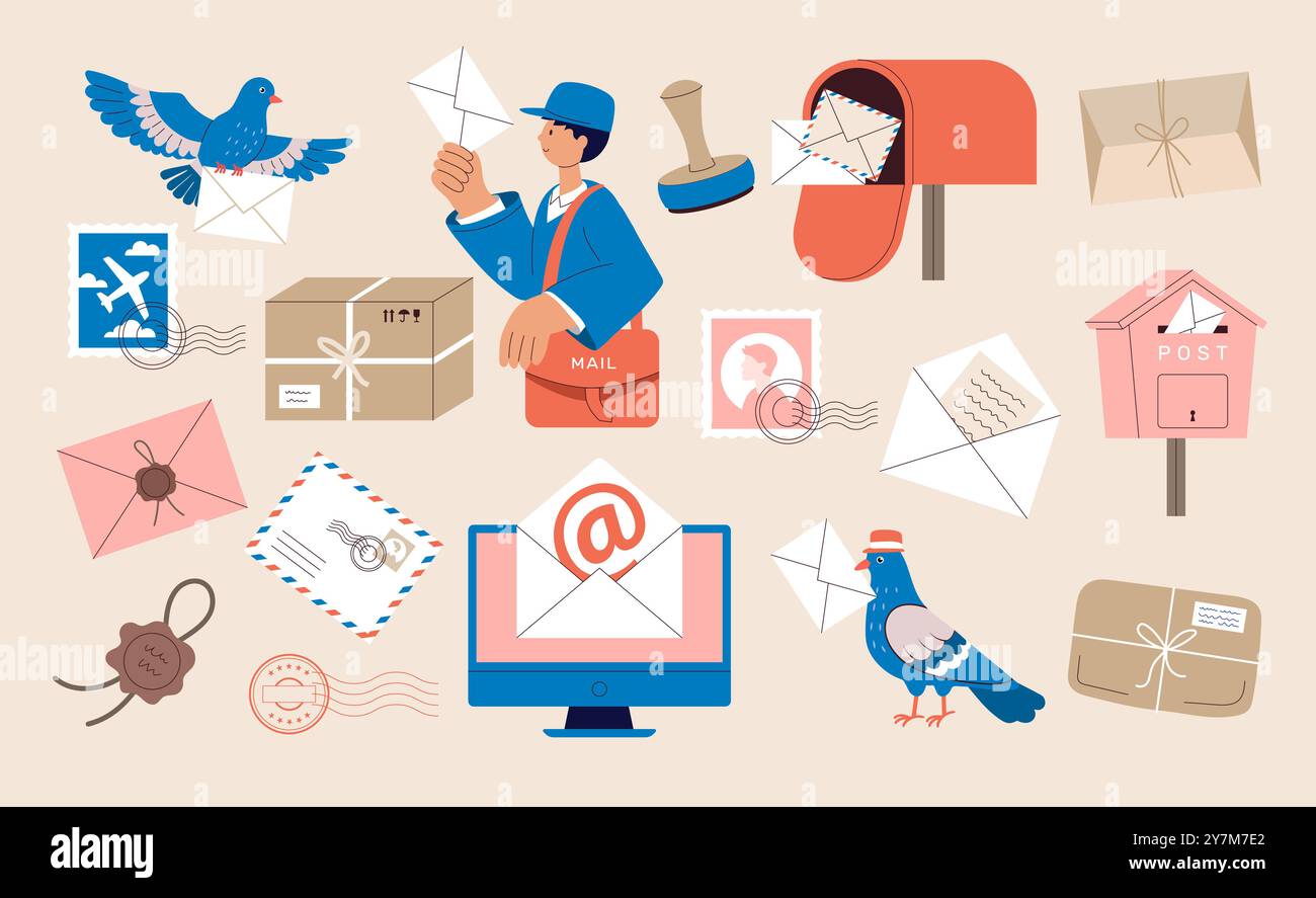 Post-Service. Online-Brieftaube mit Briefumschlag-Postarbeiter neuere Vektor-Stilsymbole der Post Stock Vektor
