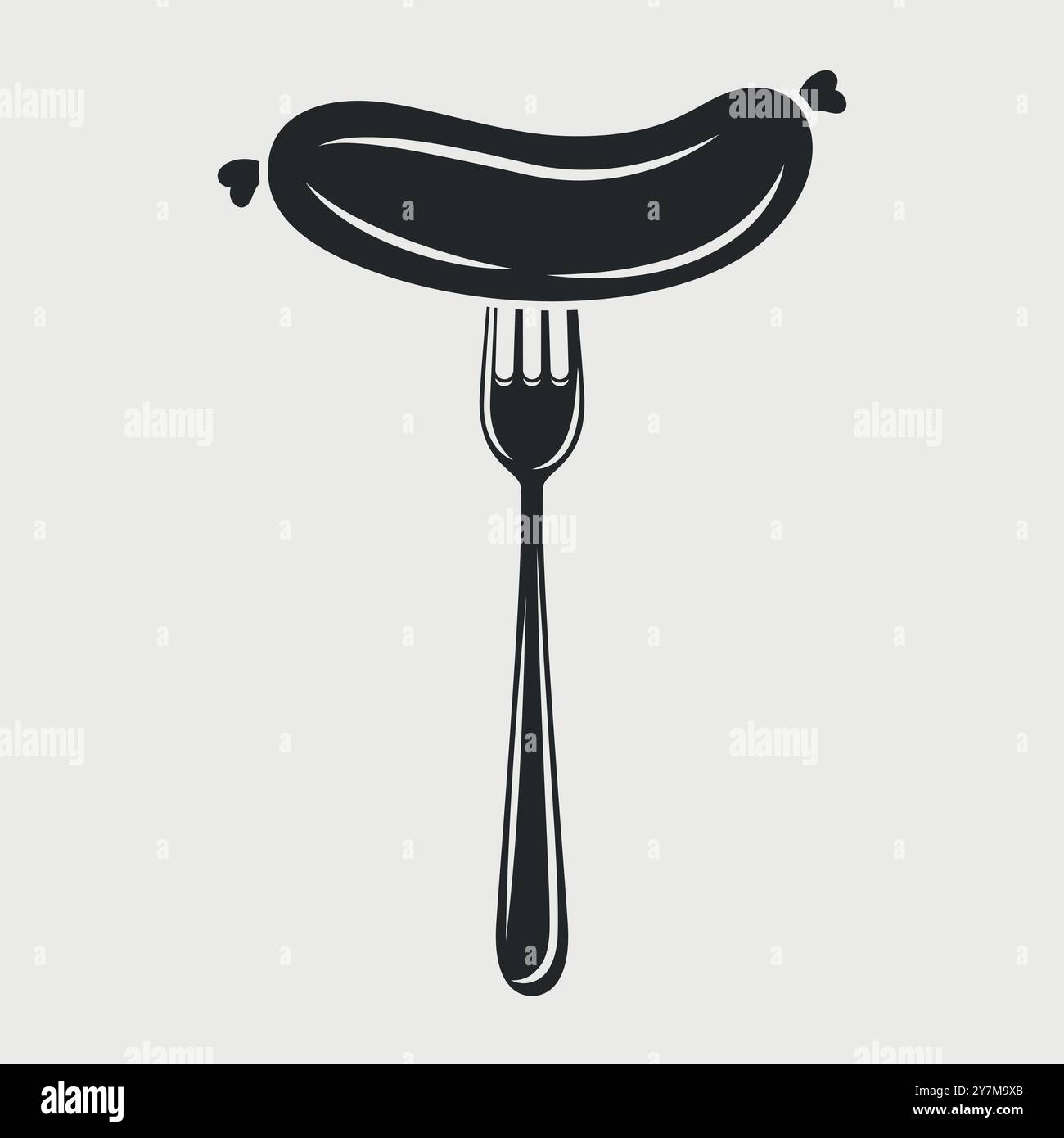 Flache Vektor-Cartoon-Wurst auf Gabel mit Umrissnaht isoliert auf weißem Hintergrund. Vektor-Lebensmittel-Illustration für Menü, Grill und kulinarisches Design Stock Vektor