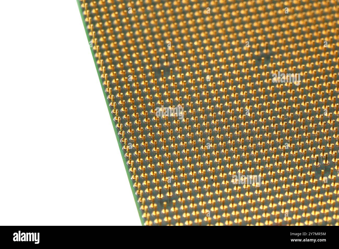 Makro aus cpu-Gold-Pins und Chip, Mikrochip-Prozessor und Computerkomponenten-Technologie. Stockfoto