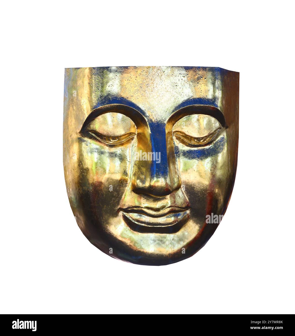 Goldene Buddha-Maske auf weißem Hintergrund und mit Beschneidungspfaden. Stockfoto