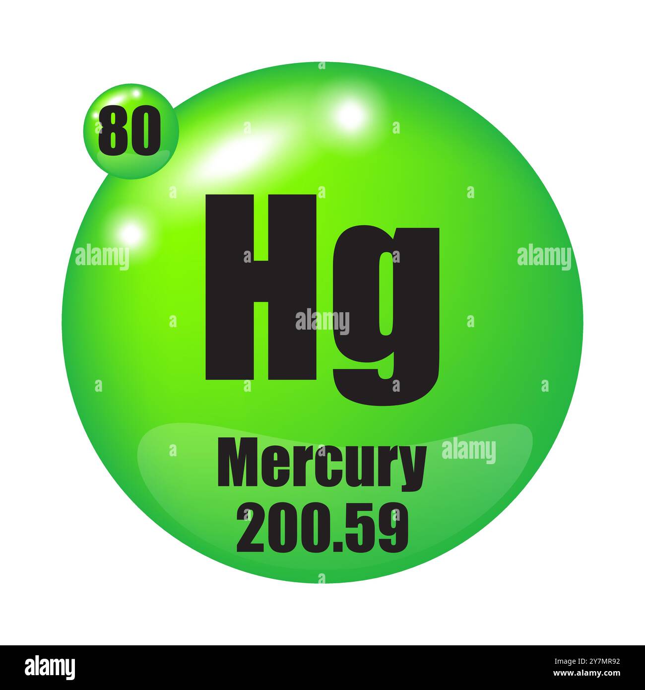 Quecksilbersymbol. Hg chemisches Element. Atomzahl 80. Masse 200.59. Grüne Kugel. Stock Vektor