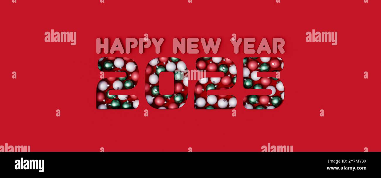 Happy New Year 2025 Text auf rotem Hintergrund geschnitten und gefüllt mit bunten Weihnachtskugeln 3D-Rendering 3D-Illustration Stockfoto