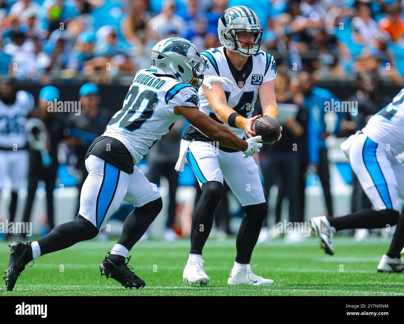 29. September 2024: Carolina Quarterback Andy Dalton (14) übergibt den Ball an Carolina Running Back Chuba Hubbard (30). NFL-Fußballspiel zwischen Cincinnati Bengals und Carolina Panthers im Bank of America Stadium in Charlotte, North Carolina. David Beach/CSM Stockfoto