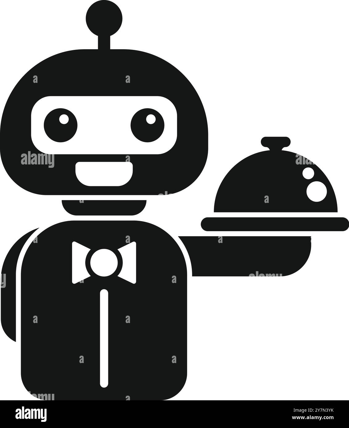Dieses einfache Vektorsymbol eines Roboterkellners, der ein überdachtes Tablett hält, eignet sich perfekt für Entwickler und Designer, die an Projekten im Zusammenhang mit Robotik arbeiten. Künstliche Intelligenz. Oder der Lebensmittelindustrie Stock Vektor