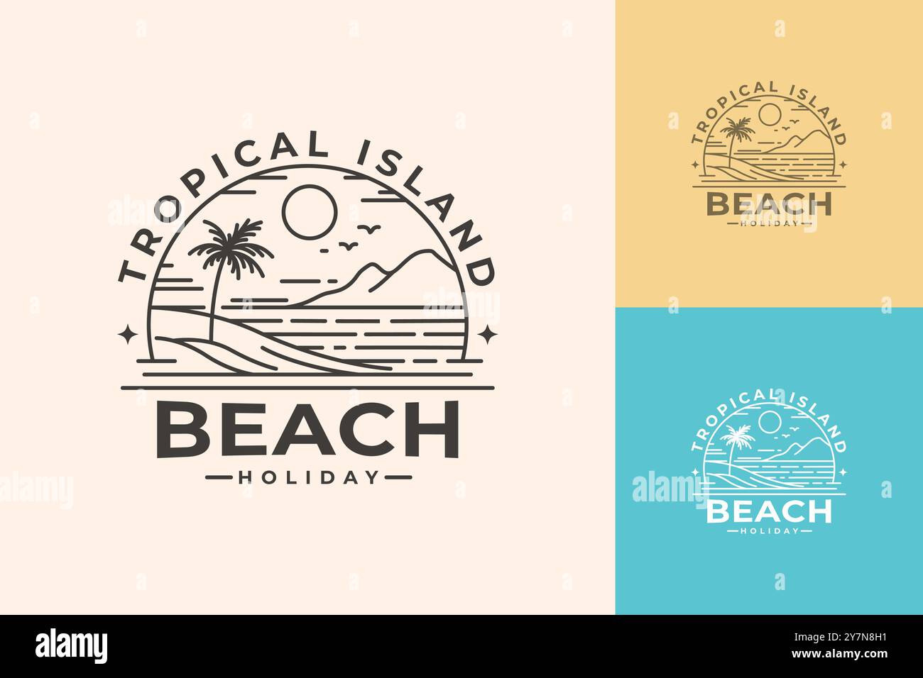 Ein minimalistisches Line Art Logo mit einer tropischen Inselstrandszene mit Palmen, Bergen und Sonne. Stock Vektor
