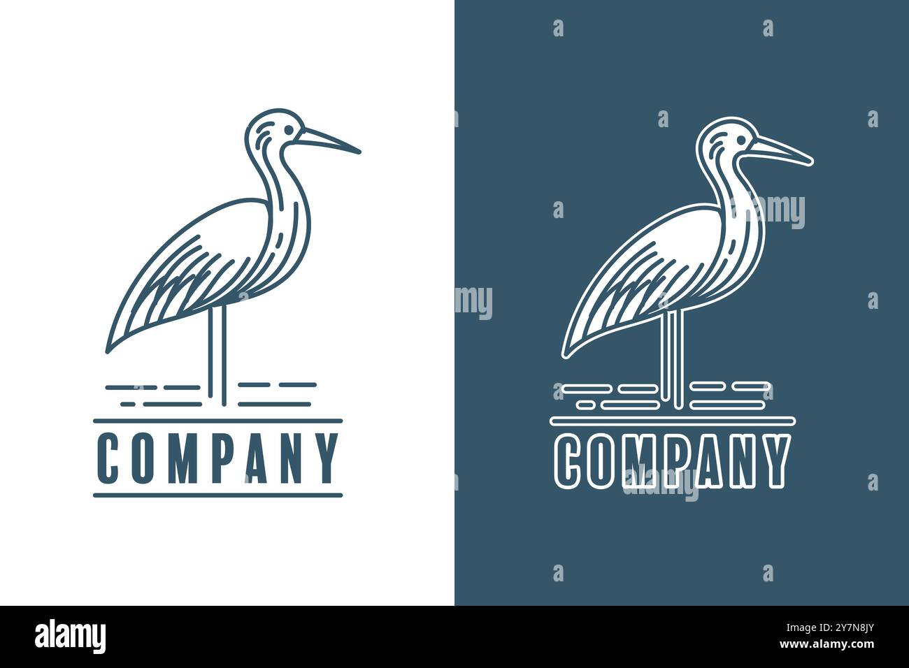 Line Art Logo eines Reihers oder Storchs, der im Wasser steht Stock Vektor