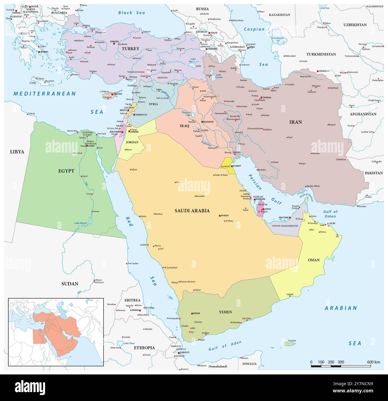 Karte der geopolitischen Region des Nahen Ostens Stockfoto