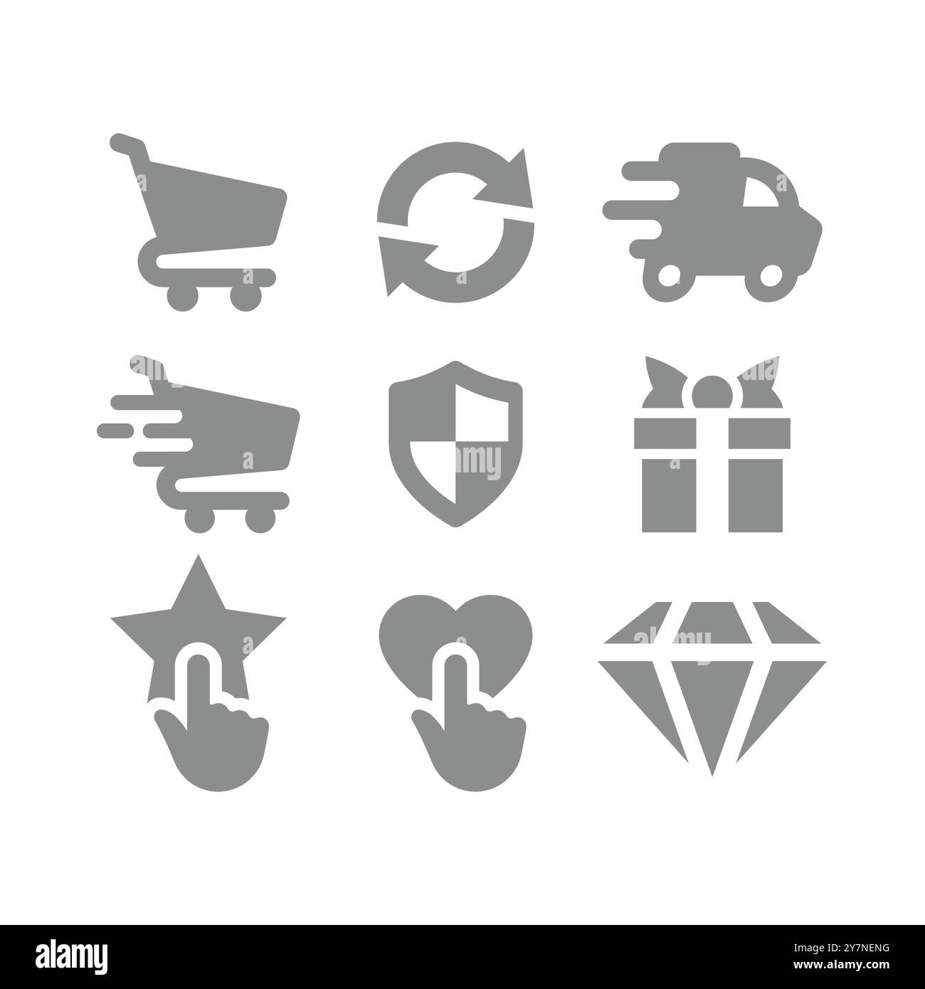 Kauf in Einkaufsqualität, Vektor-Symbolsatz im Online-Shop. Symbole für schnelle Lieferung, Rückgabe und Geld zurück. Stock Vektor