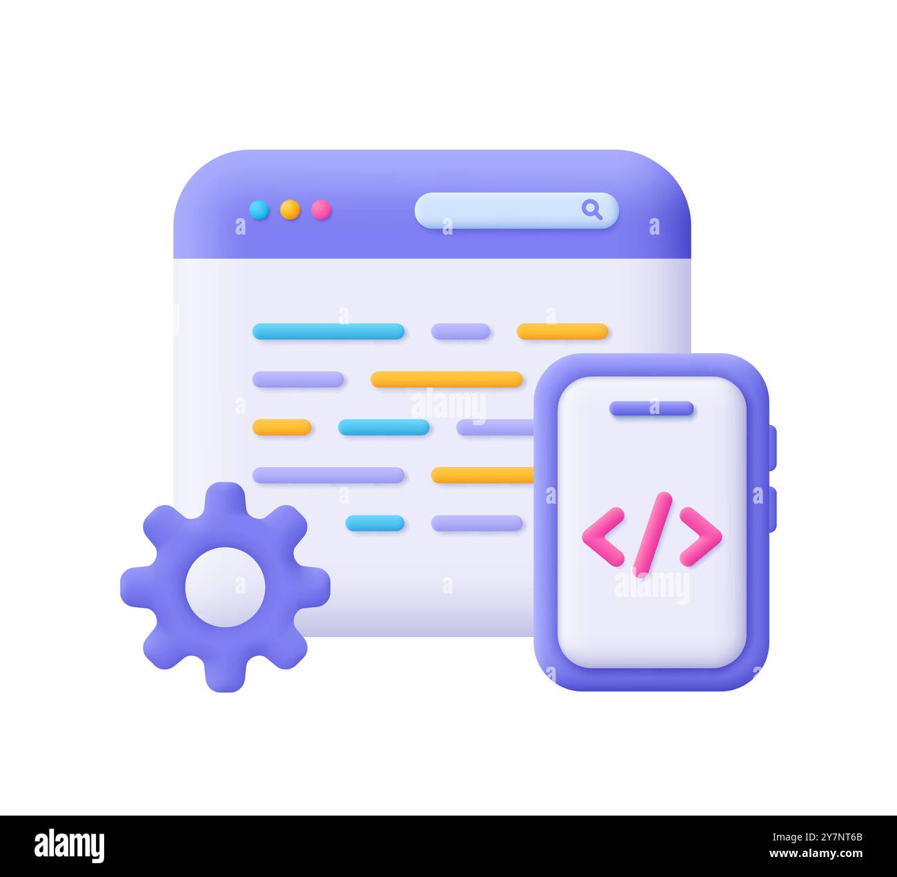 Webseite und Smartphone mit Codesymbol und Zahnrad. Web-Entwicklung, Software-Engineering, Einstellungen und Tools, Programmierung und Codierungskonzept. Stock Vektor