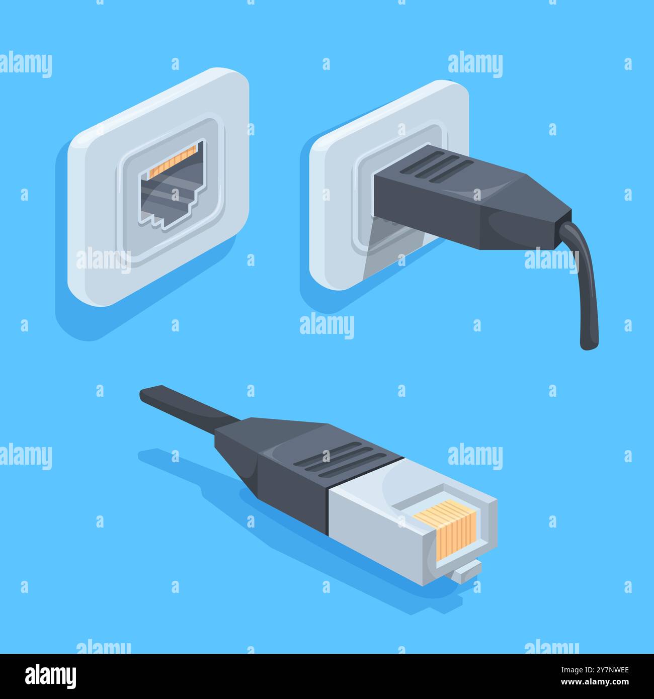 Ethernet-Buchse. Internet-Kabel Daten lan-Netzwerksteckverbinder, Kabelstecker wan modulare Buchse für wifi Router Büro Computer Port Netzwerkverbindung Ausrüstung, saubere Vektorabbildung Original-Kunstwerk Stock Vektor