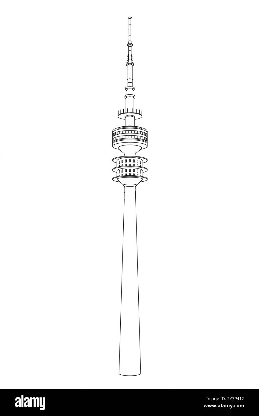 Liniendarstellung des 291 Meter hohen, berühmten Olympia Communications Tower Gebäudes. Am Spiridon-Louis-Ring, Olympiapark, München, Deutschland. Stock Vektor