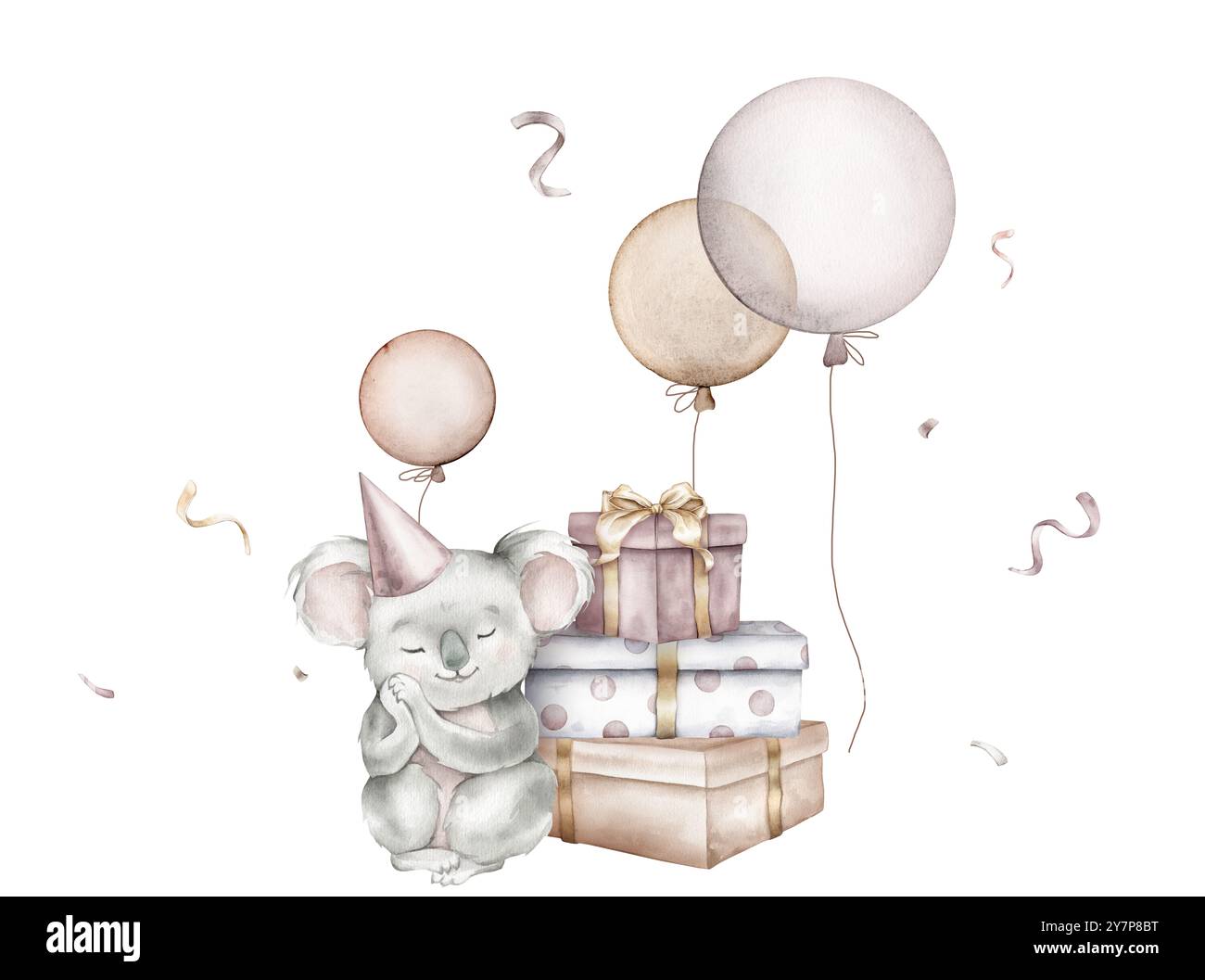 Aquarell Koala und Ballons und Set Geschenke mit Schleife auf isoliertem Hintergrund. Handgezeichnete Illustration für Grußkarten Stapel Geschenkboxen für Stockfoto