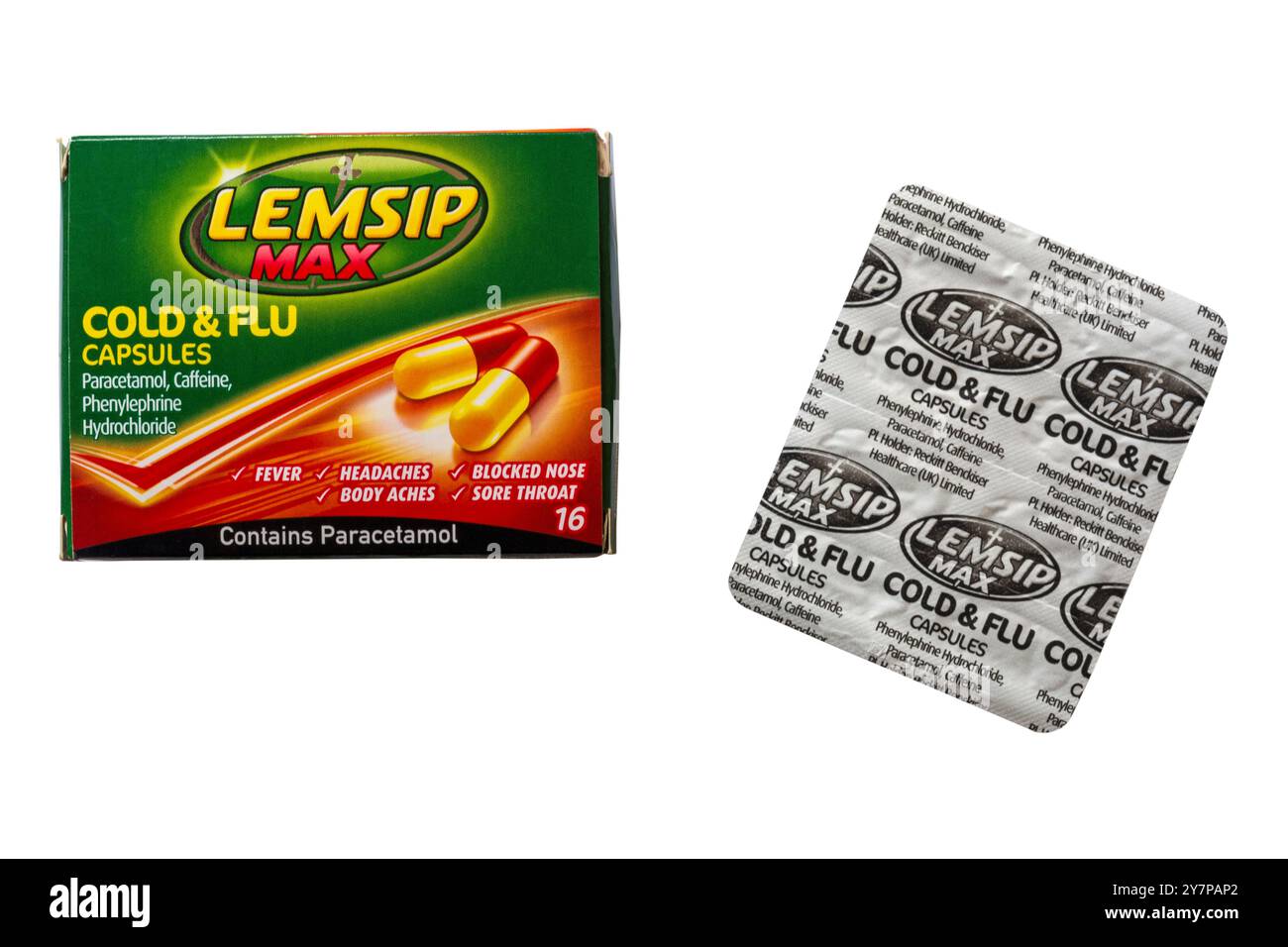 Packung Lemsip Max Cold & Grippe Kapseln mit Blisterpackung isoliert auf weiß entfernt - für Fieber, Kopfschmerzen, verstopfte Nase, Körperschmerzen, Halsschmerzen Stockfoto