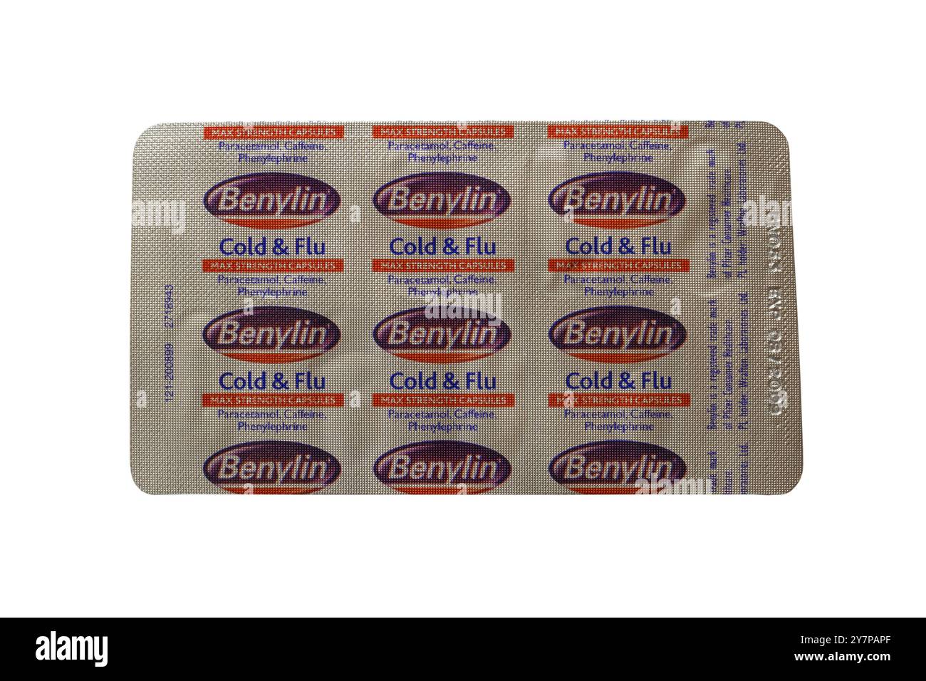 Blisterpackung Benylin Cold & Grippe max Stärke Kapseln isoliert auf weißem Hintergrund Stockfoto