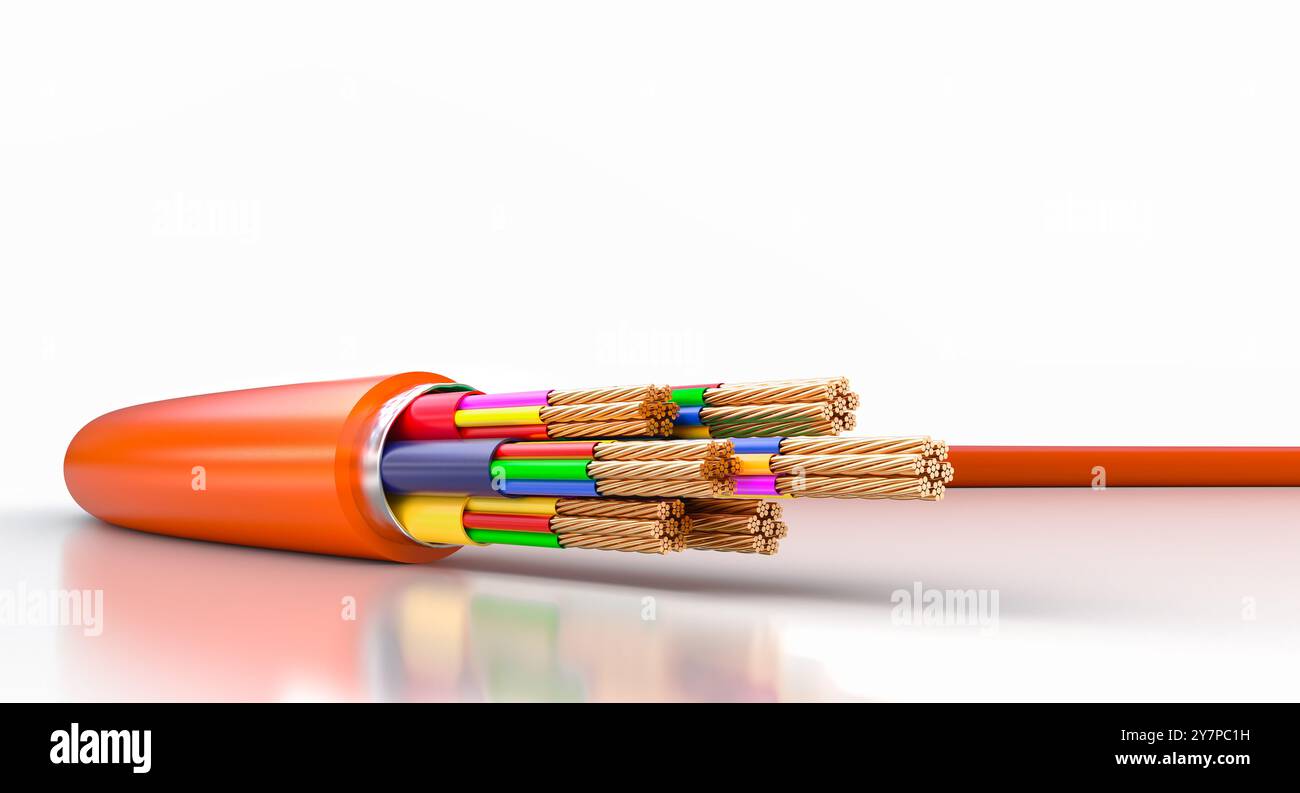 Mehrfarbiges elektrisches Kabel Kupferdraht isoliert, weißer Hintergrund 3d Stockfoto