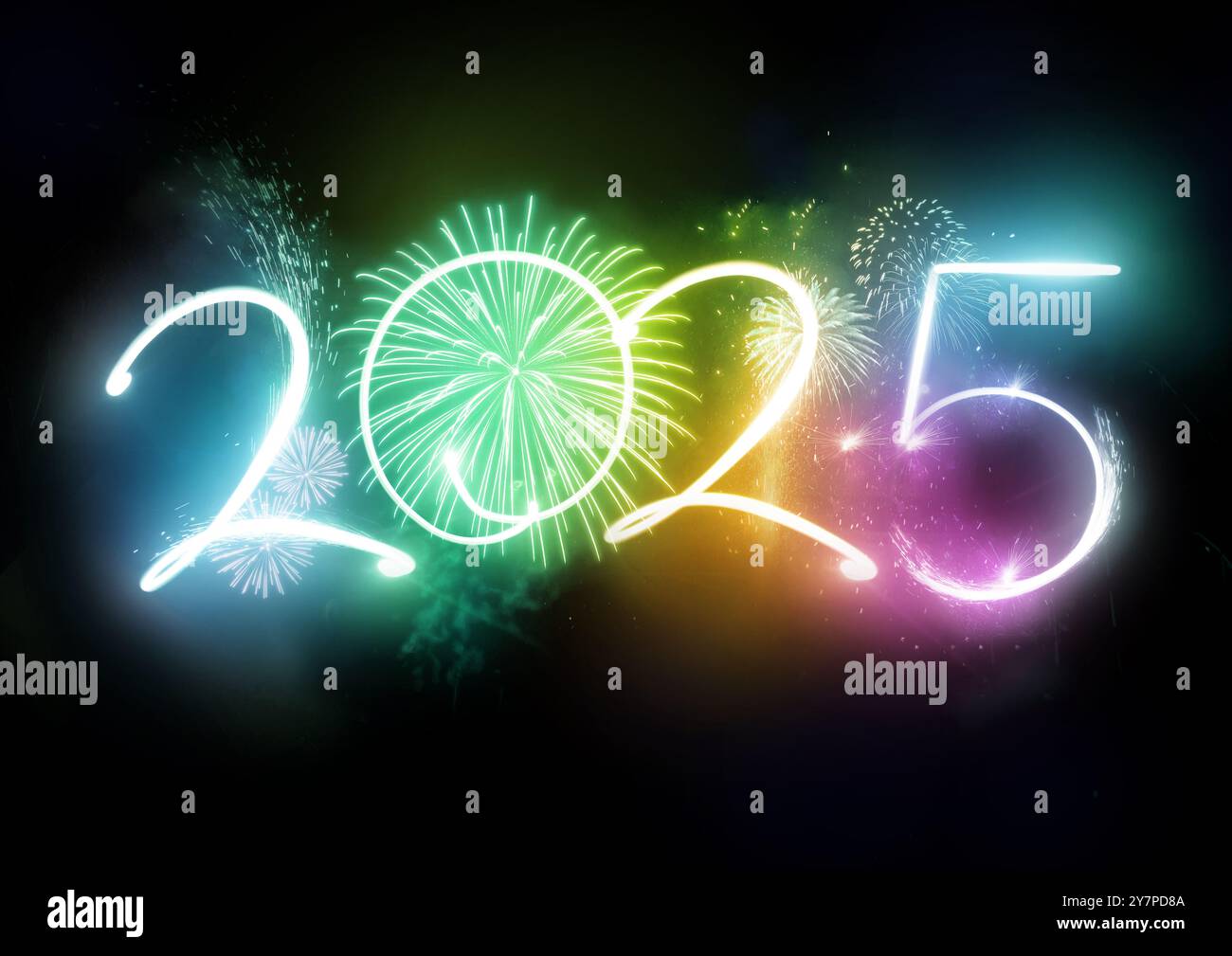 2025 Feuerwerk Neujahrsfeier Zählt Feuerwerk. Hintergrund Urlaubskonzept. Stockfoto