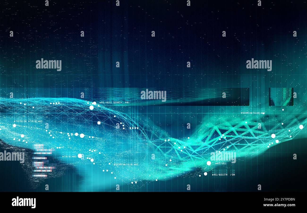 Komplexe Visualisierung von Daten und Technologie, die zusammenarbeiten. 3D-Illustrationshintergrund Stockfoto
