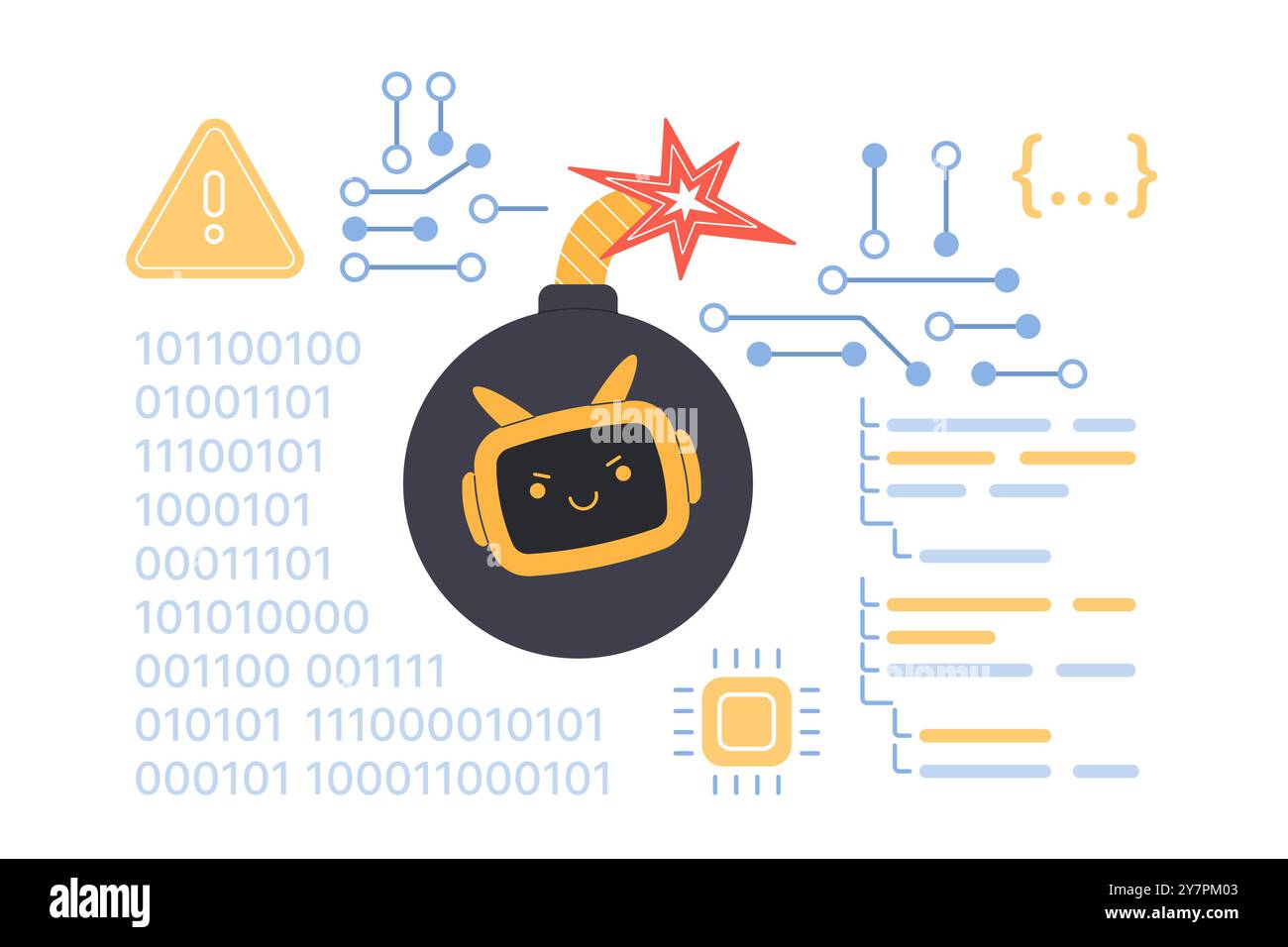 Gefahr und Risiken der Inanspruchnahme von KI-Diensten, Ethikproblem künstlicher Intelligenz. Bombe mit brennender Sicherung und Robotergesicht innen, schädliche Effekte und Fehler, Vorurteile der Chatgpt-Cartoon-Vektor-Illustration Stock Vektor