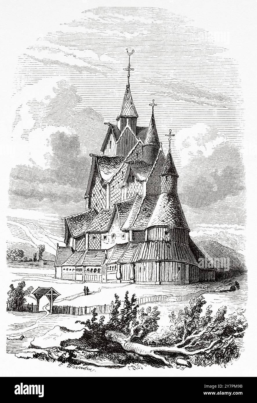 Holzkirche in Hitterdal, Heddal, Norwegen. Zeichnung durch Wormser. Reisen Sie durch die skandinavischen Staaten, Telemark County, 1858 mit Paul Riant (1836-1888) Le Tour du Monde 1860 Stockfoto